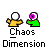 Animated pixel art of two figures with white and purple eyes, yellow and green bodies, in circular and rectangular green frames with 'Chaos Dimension' text below.