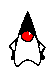 Pixelated character with black pointed hat, red circular eye, white body, and changing hand positions on gray background.