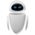 Pixelated white robot with large blue eyes on a gray background, featuring rounded head and body, two arms, and a smooth surface texture.