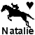 Two side-by-side pixelated black horse-and-rider silhouettes with hearts above, one showing 'Natalie' in dark gray text and the other in blue text.