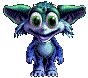 Pixelated cartoon creature with large green eyes, blue body, and teal ears stands against gray background.