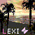 Pixelated beach scene with palm trees and sunset sky, displaying 'LEXI' text and a pink butterfly icon.