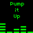 Green pixelated text and audio visualizer bars on black background, with 'Pump it Up' repeated in two above and below the bars