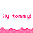 Pixelated pink text 'ily tommy!' repeats across a white background with jagged pink borders, showing partial cropping in