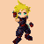 Pixelated character with blonde hair and blue eyes performs a sequence of combat poses with a red sword, transitioning from standing to dynamic slashing motions against a peach background.