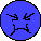 Three blue circular pixel art faces with distinct expressions: squinting, crying, and angry, arranged in a triangular composition on gray background.