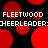 Pixelated red circles on black background with repeated white text "FLEETWOOD" and "CHEERLEADER:" in two