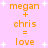 Pixelated orange text on pink background with white stars, showing 'megan + chris = love' repeated twice in a