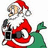 Santa Claus in red suit with white trim and green sack, pixelated text reads 'SANTA CLAUS IS COMING TO TOWN' on red background.