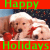 Two dogs wearing Santa hats and red bows appear in a with 'Happy Holidays' text on colored backgrounds