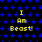 Static pixel art with yellow text "I Am Beast!" repeated across a black background patterned with blue stars.