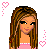 Pixel art contact sheet of a female character in pink and white clothing with brown hair, surrounded by hearts and text elements on a transparent background.
