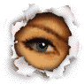 Four pixelated eye views through torn paper holes, showing open eye, closed eye, and two intermediate states with varying eyelid positions.