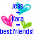 Pixelated digital image with blue text 'Jess + Kara = best friends!' surrounded by three colored hearts on white background.