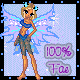 Pixelated fairy avatar with blonde hair, blue top, gray shorts, and blue wings, standing with one hand on hip against light blue background with purple text.