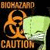 Static pixelated icon featuring a stylized orange biohazard symbol next to a light green flag-like shape with text above and below the symbol on a black background.