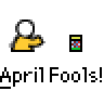 Animated contact sheet showing a yellow stick figure character interacting with objects across nine frames, each labeled "April Fools!" in pixelated text below the sequence.
