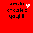 Red background with black text reading 'kevin cheslea yay!!!!!' and animated white pixel symbols near the name.