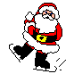 Pixelated Santa Claus in red suit with white trim and yellow belt skates across gray background, transitioning from upright to falling pose.