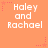 A static orange background displays repeated white text 'Haley and Rachael' with pink star accents in a