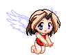 Pixelated angel icon with brown hair, blue eyes, red bikini top, and white wings in kneeling pose across six animation frames.