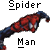 Pixelated Spider-Man figure in red and blue costume with white accents, positioned diagonally against gray background, text "Spider" above and "Man" below.