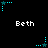 Pixelated blue star-shaped icons with dotted trails appear in multiple positions above and below the text 'Beth' on a black background.
