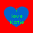 Four blue hearts on red background with green text reading 'i love Katie' in pixelated font, each heart showing slight variation in text pixel alignment.