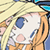 Pixelated anime-style character with blonde hair and blue eyes, wearing a white top and orange pants, holding hands near the face in a close-up crop.