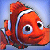 Pixelated orange fish with white stripes and large eyes against a blue background.
