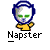 Pixelated cartoon character with blue helmet, green eyes, yellow shirt, and "Napster" text below on gray background.
