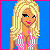 Pixelated blonde woman in pink-and-white striped top against blue background, with animated text 'kiss me' and changing facial expressions.