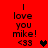 Red background displays two identical text blocks with "I love you mike! <33" and heart symbols, one with black heart, one with red heart.
