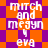 Pixelated text 'mitch and megyn' and 'eva' repeated on orange and purple checkered background with diamond-shaped pattern.