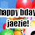 Pixelated birthday icon with 'happy bday' and 'jaeie!' text over colorful abstract background.