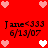 Red background with pink and white heart icons surrounding black text reading 'Jane<333 6/13/07' in four quadrants.