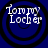 Four identical circular icons with blue backgrounds and black concentric rings, each displaying white text reading "Tommy Locher" in a pixelated font.