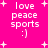 Bright pink background with white text and plus signs; text reads 'love peace sports :)' with 'love' having a stylized 'o' in one instance.