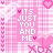 Pink and white pixelated pattern with repeated text "IT'S JUST YOU AND ME" in vertical , interspersed with heart symbols and XOXO motifs on a checkered background