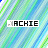 Animated sequence of the name 'JACKIE' in pixelated text over a diagonal striped background, with individual letters cycling through highlighted states.