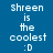 Pixelated text 'shreen is the coolest :D' on four distinct background colors in a