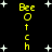 Yellow pixelated text spelling "Beeotch" vertically on black background with white stars, two identical vertical arrangements side-by-side.