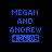 Two side-by-side pixelated text displays on black background, each showing 'MEGAN AND ANDREW 4.26.05' with blue and white lettering.