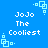 Blue background with repeated white pixelated text "JoJo The Coolest" and light blue square corner decorations.