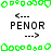 Green pixelated border shapes frame a central white area with repeated 'PENOR' text and directional arrows, all in a static 8-bit style.