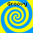 Four identical spiral patterns with alternating blue and yellow colors, each labeled "Groovy" in black pixelated text at the top.