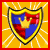 Animated pixel art of a knight character with a shield, showing sequential changes in pose and expression against a sunburst background.