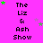 A static image with a bright pink background displays repeated text "The Liz & Ash Show" in black pixelated font, surrounded by scattered green and purple stars.