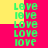 Green pixelated text spelling 'LOVE' repeated in a pattern on alternating pink and yellow background sections