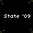 Black background with scattered yellow dots and repeated white text 'State '09' in a pattern, with one gray square in the bottom-right corner